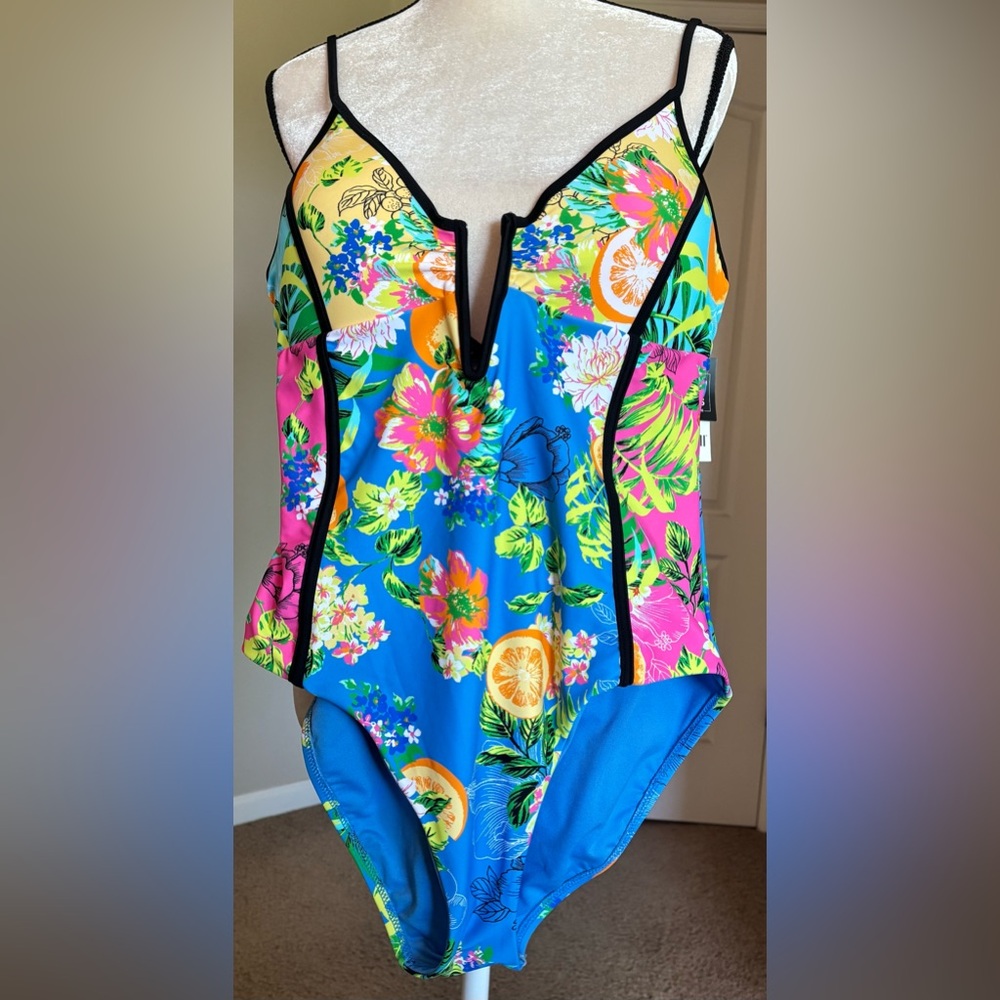 Blue and Pink Bar III One Piece with Tropical Floral and Oranges Design